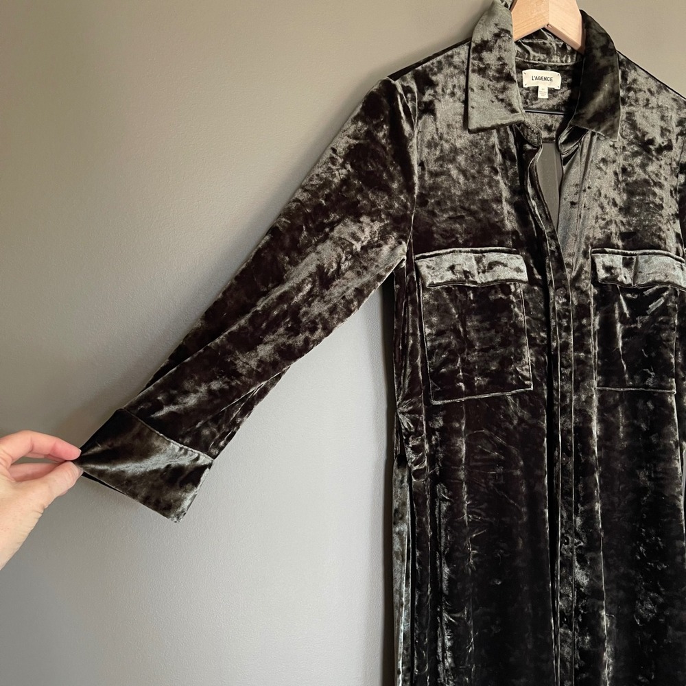 L'Agence Cameron Velvet Maxi Shirt Dress Green Size Small Long Sleeve Chic Sexy - Picture 9 of 16